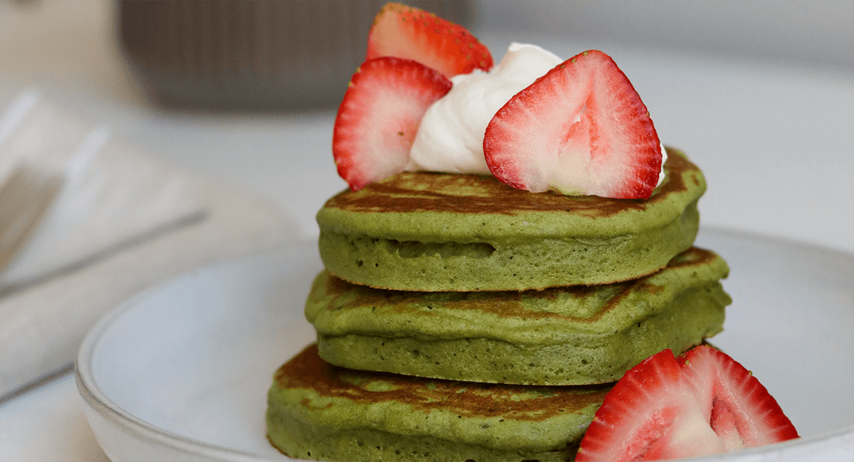 Matcha Pancakes with Strawberries