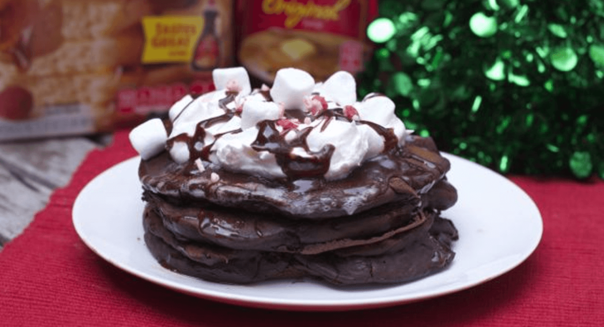 Hot Cocoa Pancakes with Peppermint Glaze